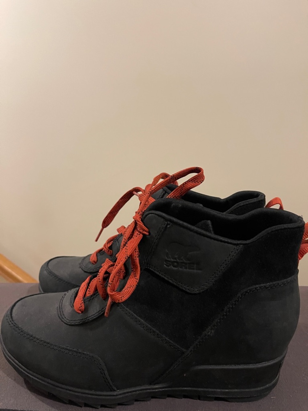 Sorel Black Wedge Ankle Boots with Rust Laces